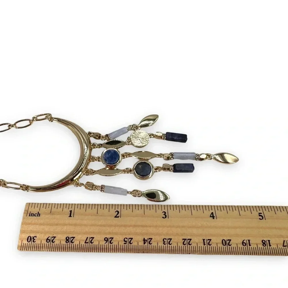 White House Black Market Long Necklace Dangle Fringe Gold Blue Adjustabl…
